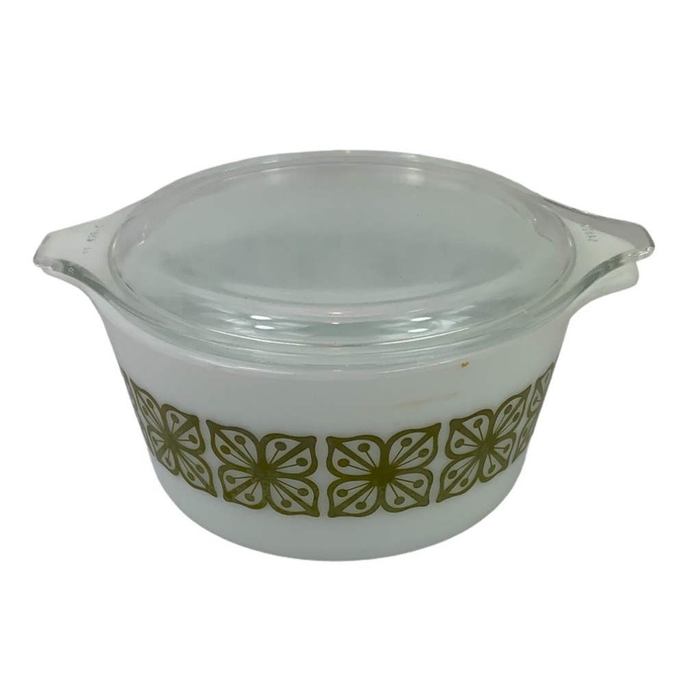 Vintage Pyrex Verde Green Autumn Floral 1 QT #473 With Lid Oven Safe